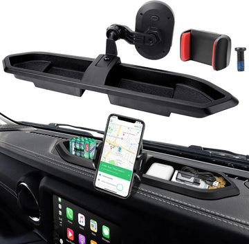 Phone Holder Dash Tray System Kit with Extension Arm Metal Rod for Jeep Wrangler JL JLU & Gladiator JT